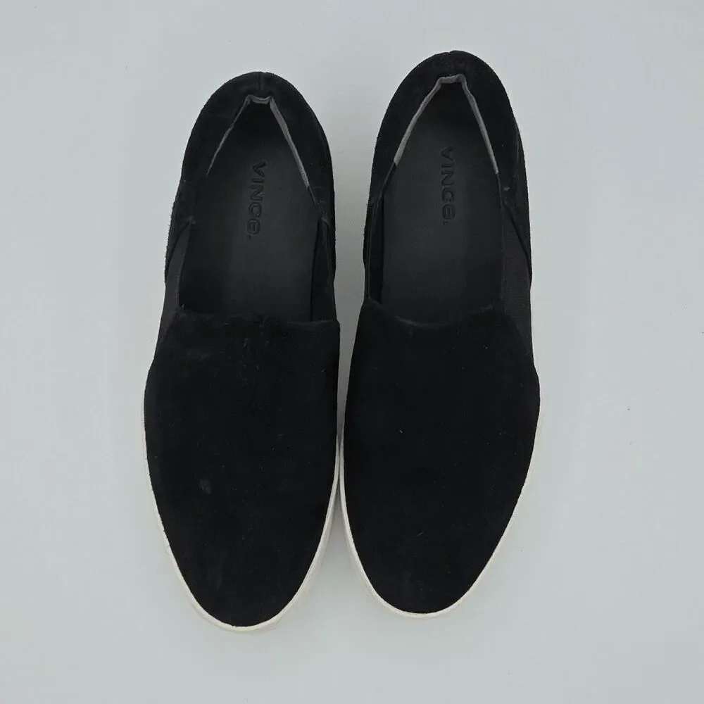 VINCE Shoes Womens 7 Black Suede Warren Platform Sneaker Slip on Leather
